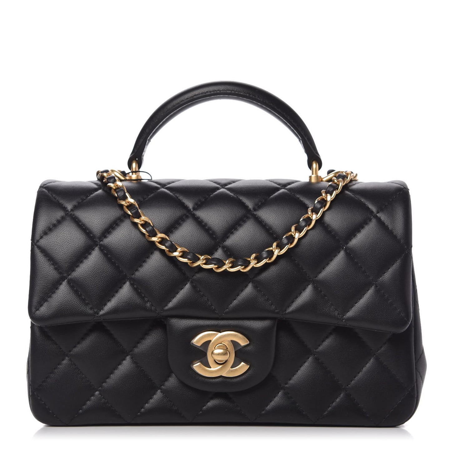 Lambskin Quilted Mini Top Handle Rectangular Flap Black