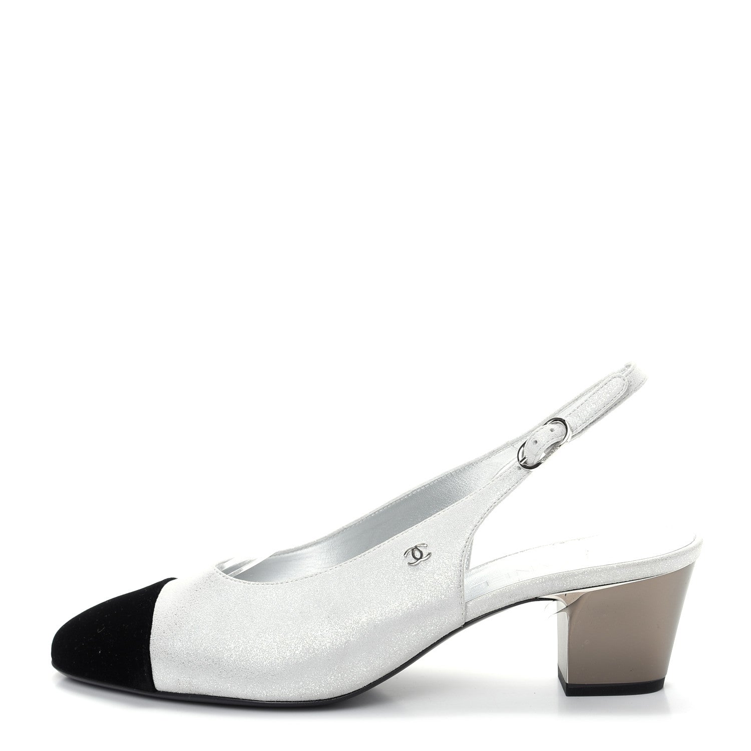 Chanel Laminated Goatskin Velvet Cap Toe CC Slingback Sandals 40 Silver Black 1 of 11