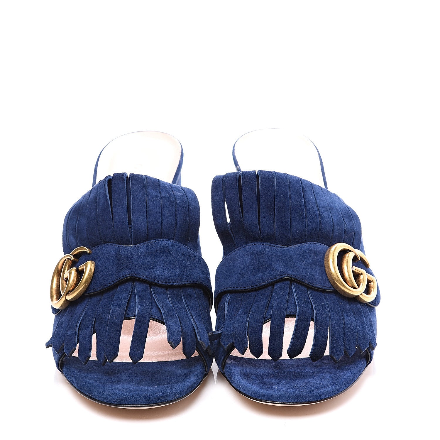 Gucci Kid Scamosciato GG Marmont Fringe 75mm Slide Sandals 39.5 Blue Ink 3 of 10