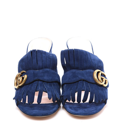 Gucci Kid Scamosciato GG Marmont Fringe 75mm Slide Sandals 39.5 Blue Ink 3 of 10