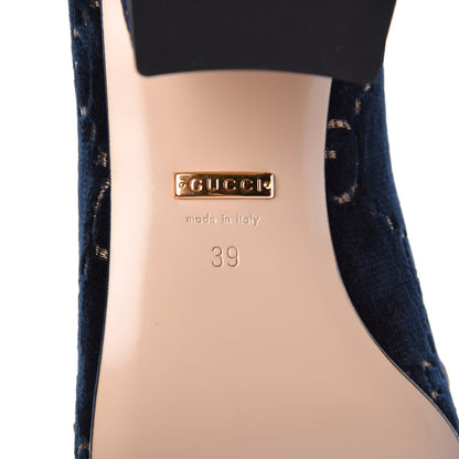 Gucci Velvet GG Monogram Sylvie Web Chain Mid Heel Loafers 39 Blue Beige 6 of 10