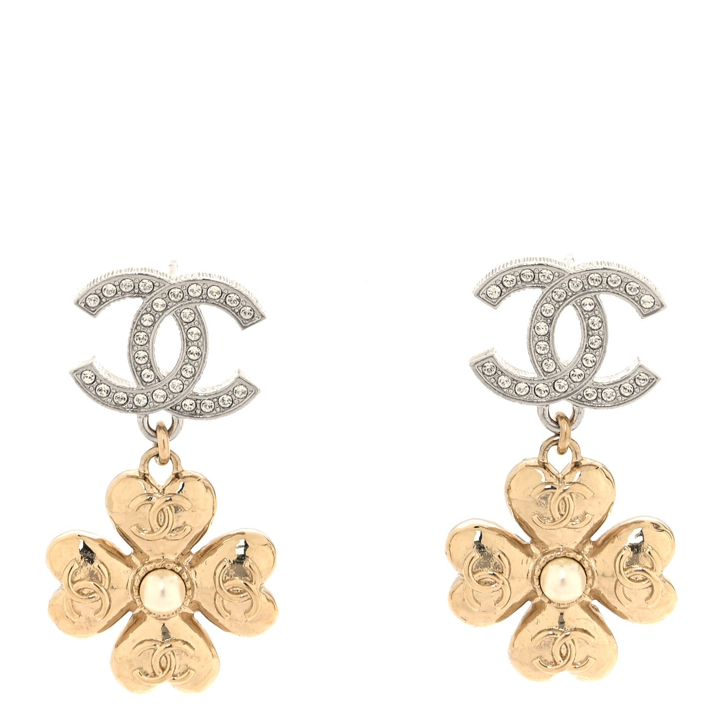 Crystal CC Clover Drop Earrings Silver Gold