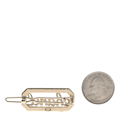 Chanel Metal Crystal Pearl Logo Hair Clip Gold 2 of 4