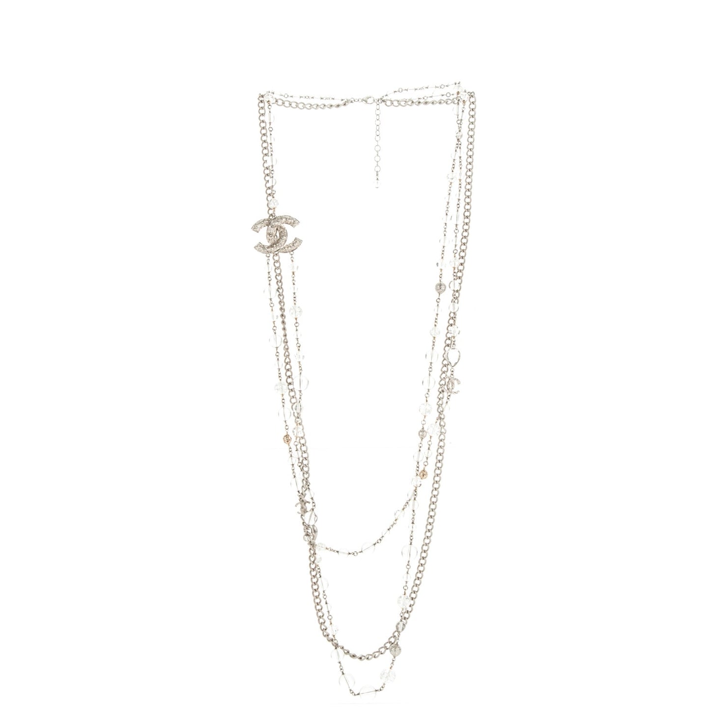 Crystal Bead CC Long Necklace Silver