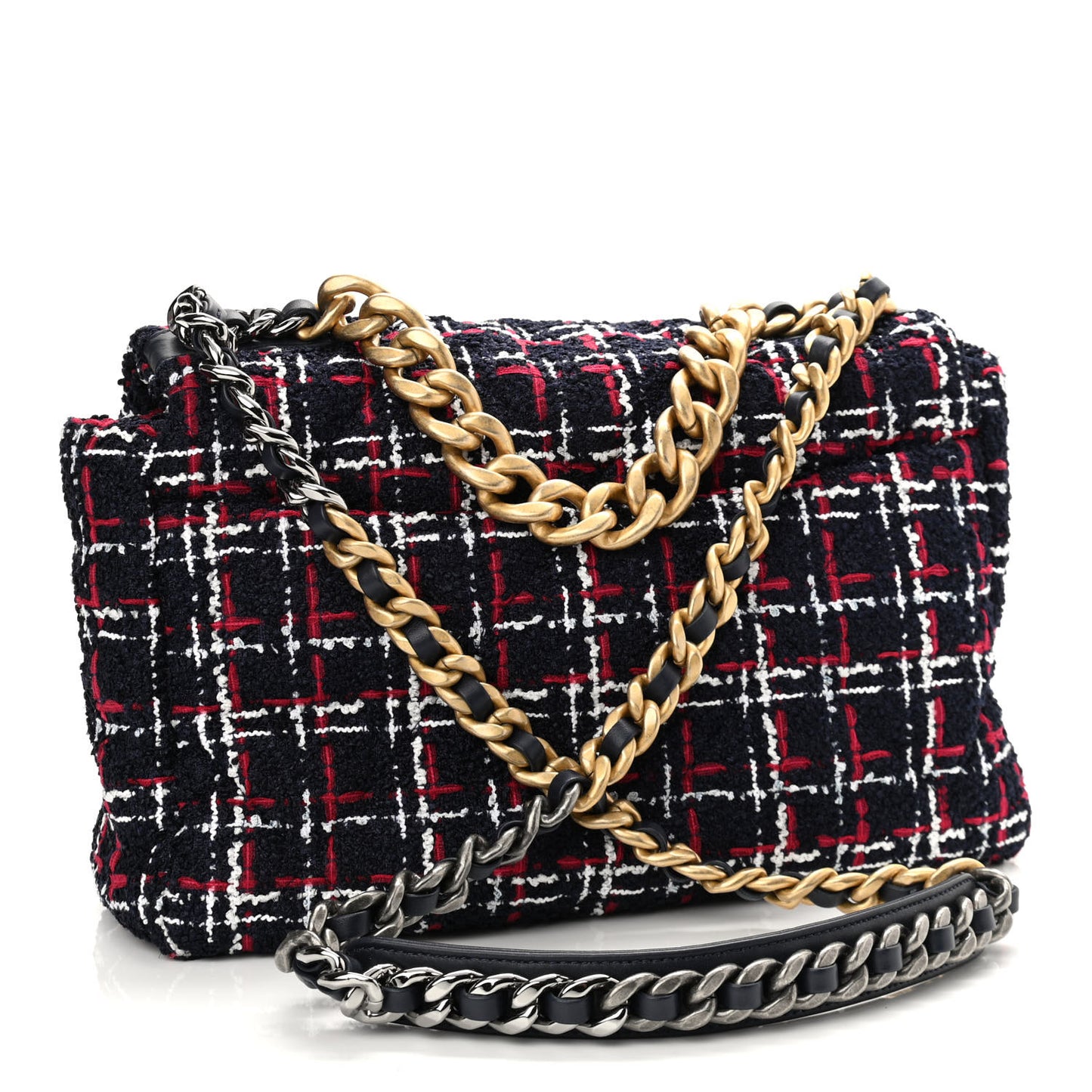Tweed Quilted Large Chanel 19 Flap Navy Blue White Red