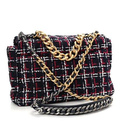 Chanel Tweed Quilted Large Chanel 19 Flap Navy Blue White Red 3 of 10