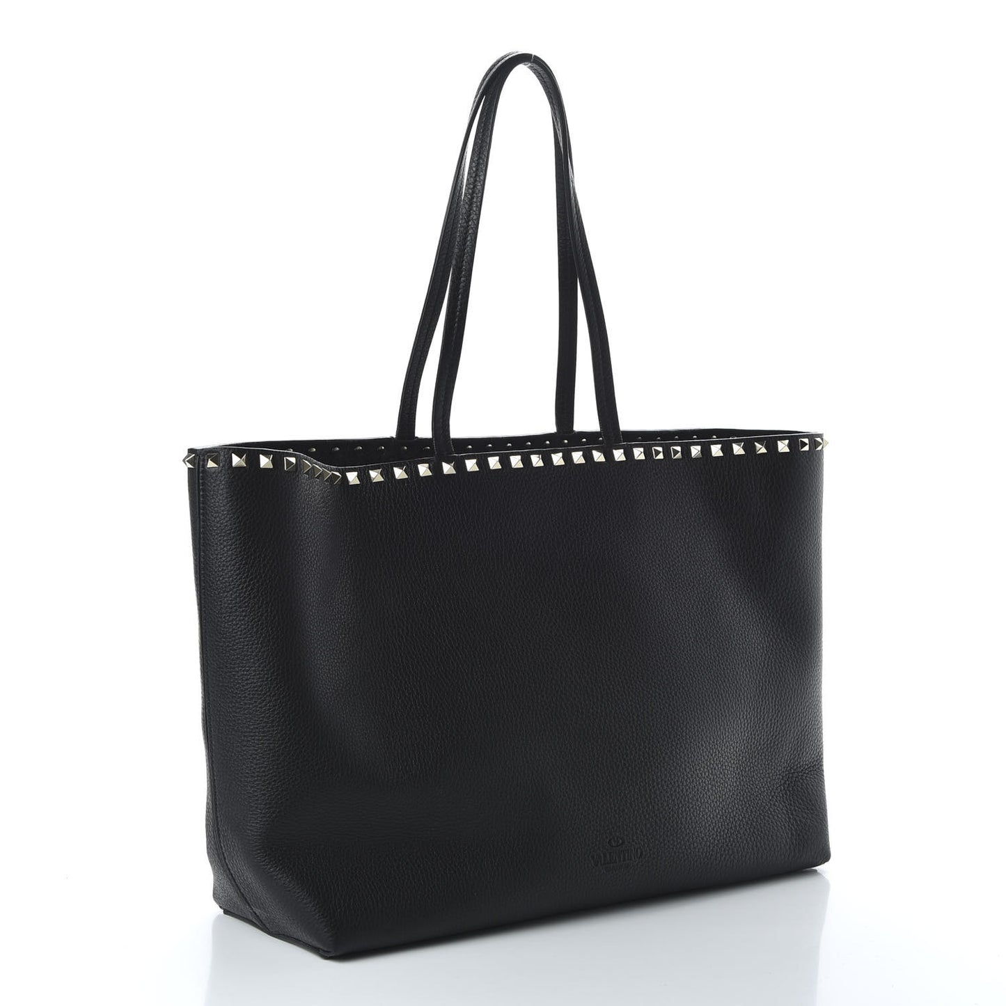 Grained Calfskin Rockstud Shoulder Tote Black