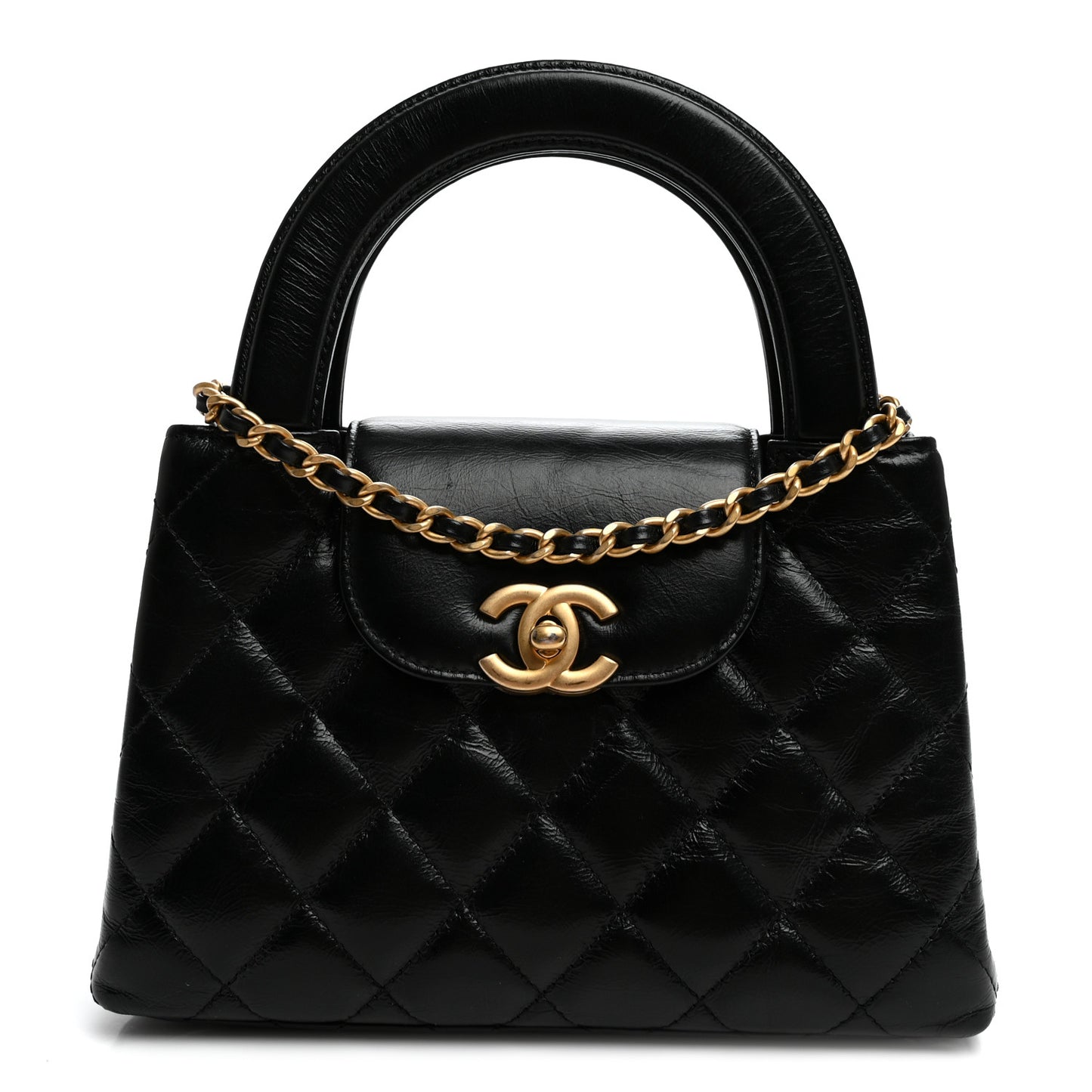Shiny Aged Calfskin Quilted Nano Kelly Shopper Black