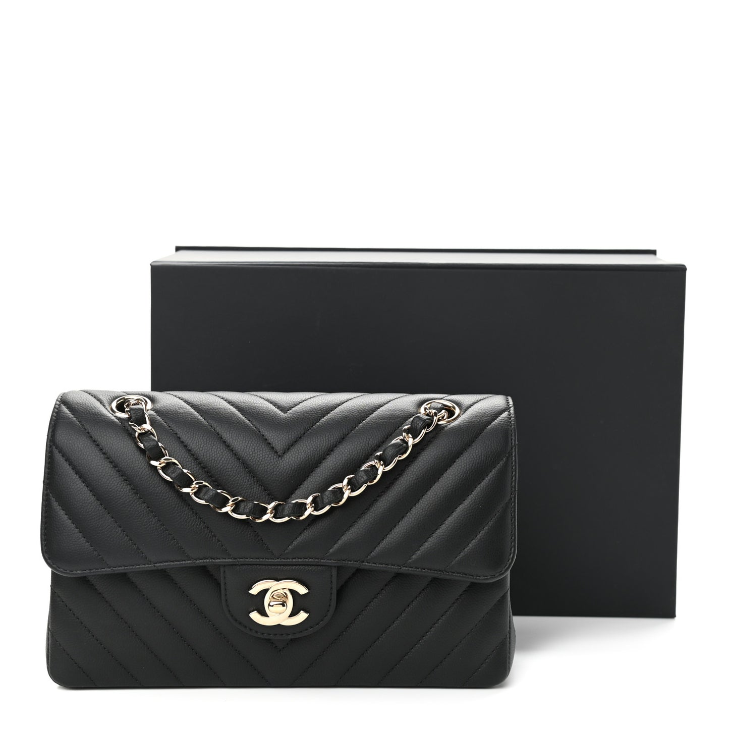 Caviar Chevron Quilted Small Double Flap Black