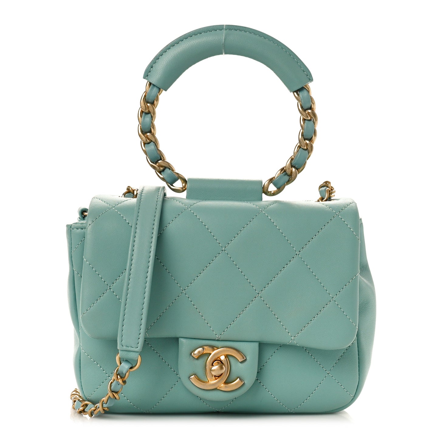 Lambskin Quilted Small Circular Handle Bag Blue