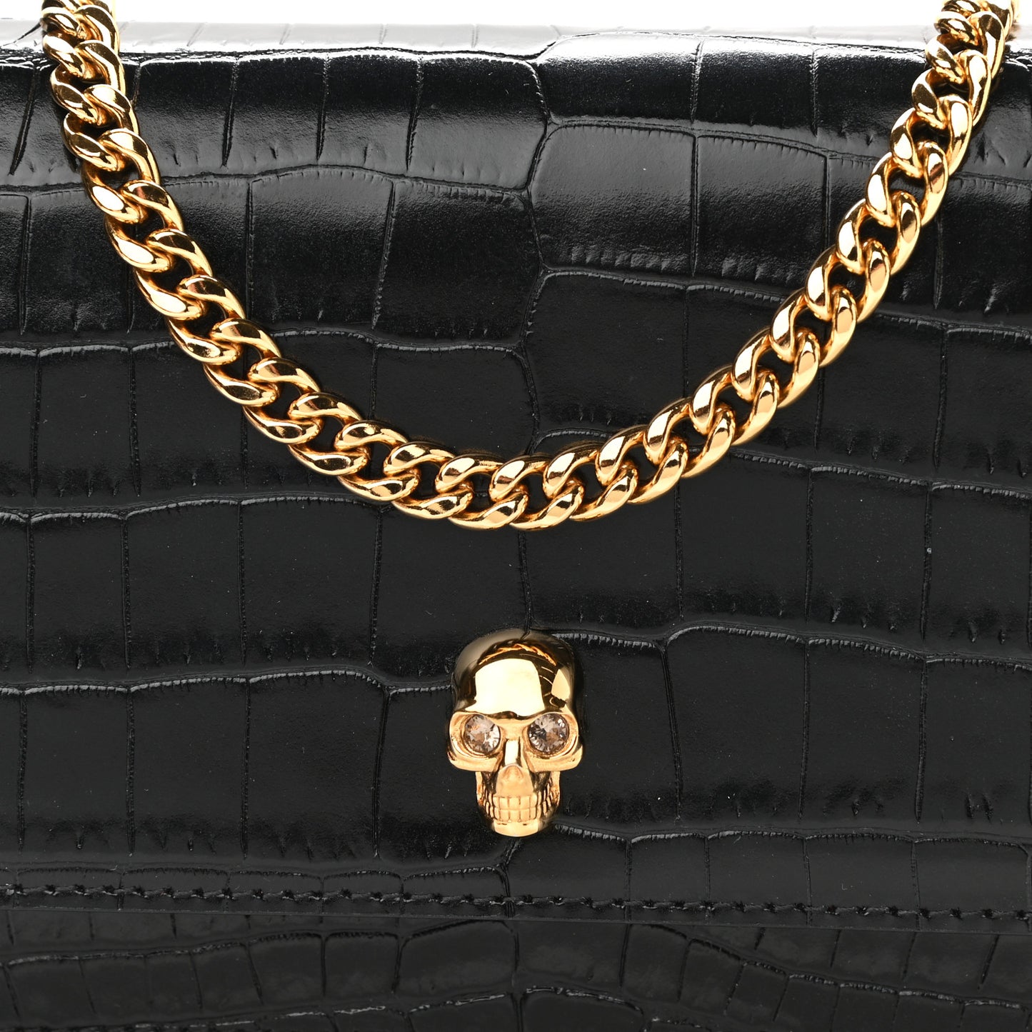 Calfskin Crocodile Embossed Skull Mini Crossbody Bag Black