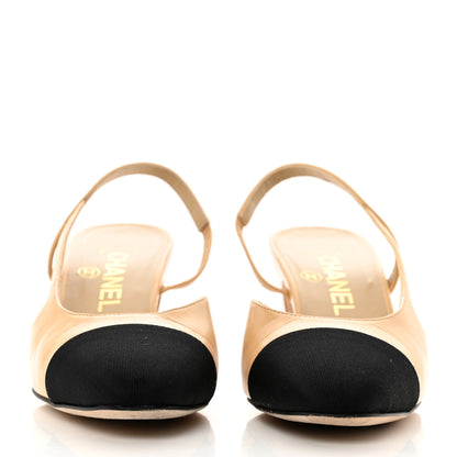 Chanel Goatskin Grosgrain Cap Toe CC Slingback Pumps 36 Beige Black 2 of 9