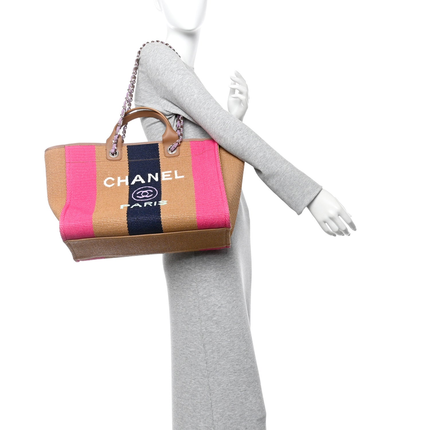 Chanel Straw Raffia Calfskin Striped Medium Deauville Tote Dark Beige Fuchsia Navy Blue 2 of 10