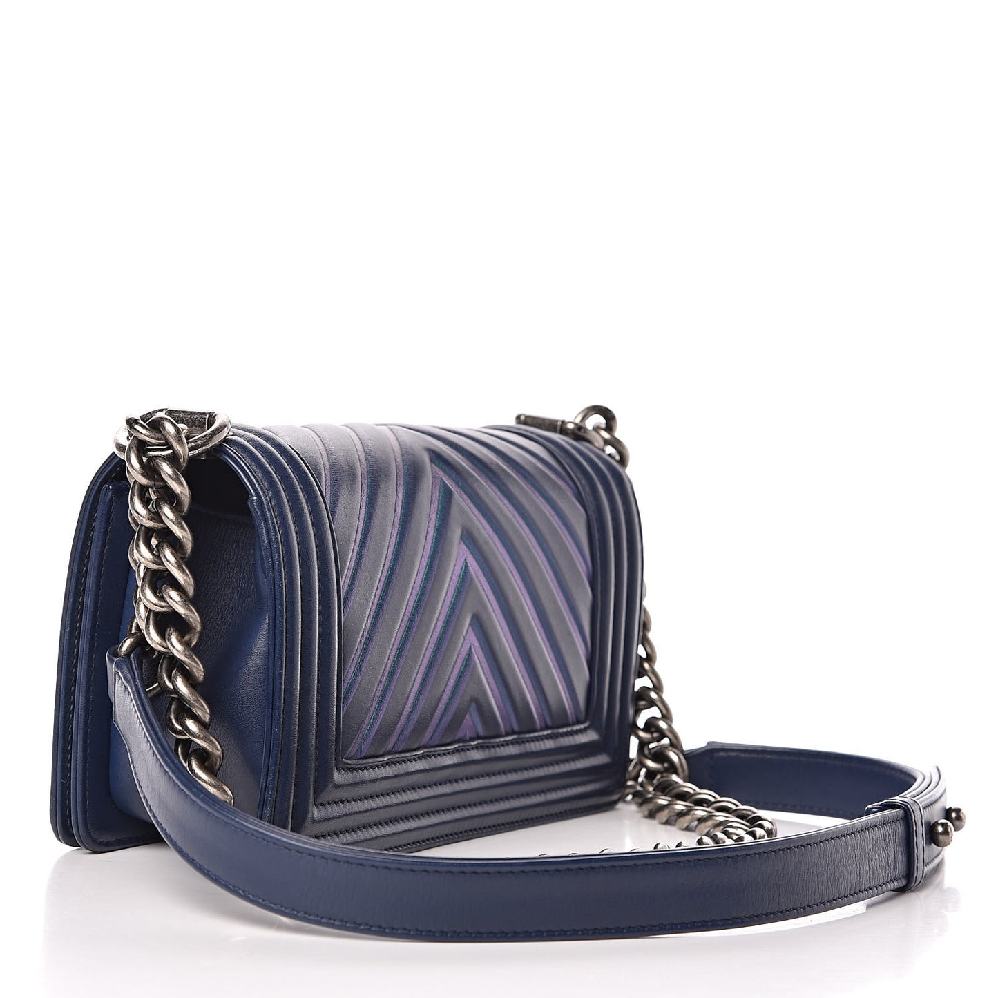 Calfskin Painted Chevron Embossed Small Boy Flap Dark Blue