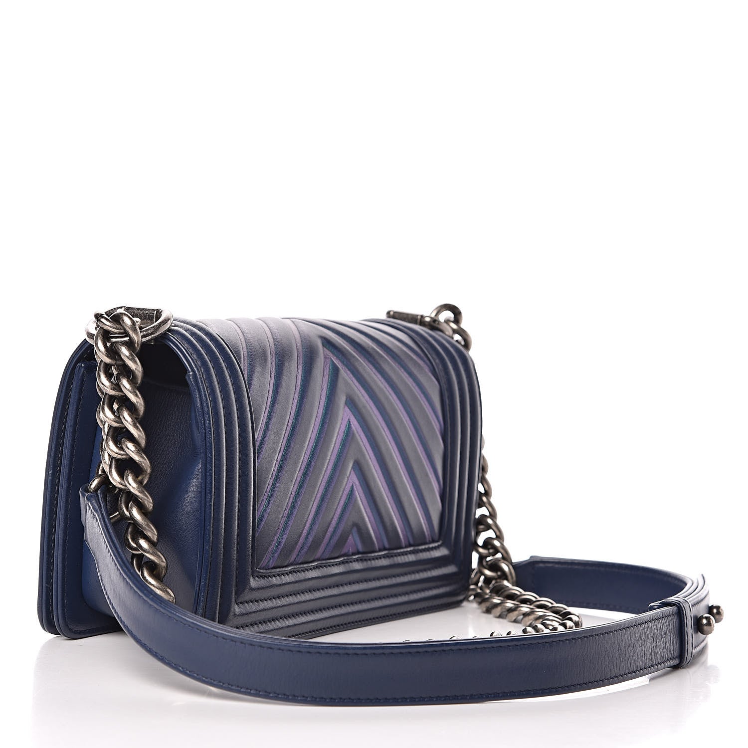 Chanel Calfskin Painted Chevron Embossed Small Boy Flap Dark Blue 3 of 18