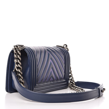 Chanel Calfskin Painted Chevron Embossed Small Boy Flap Dark Blue 3 of 18