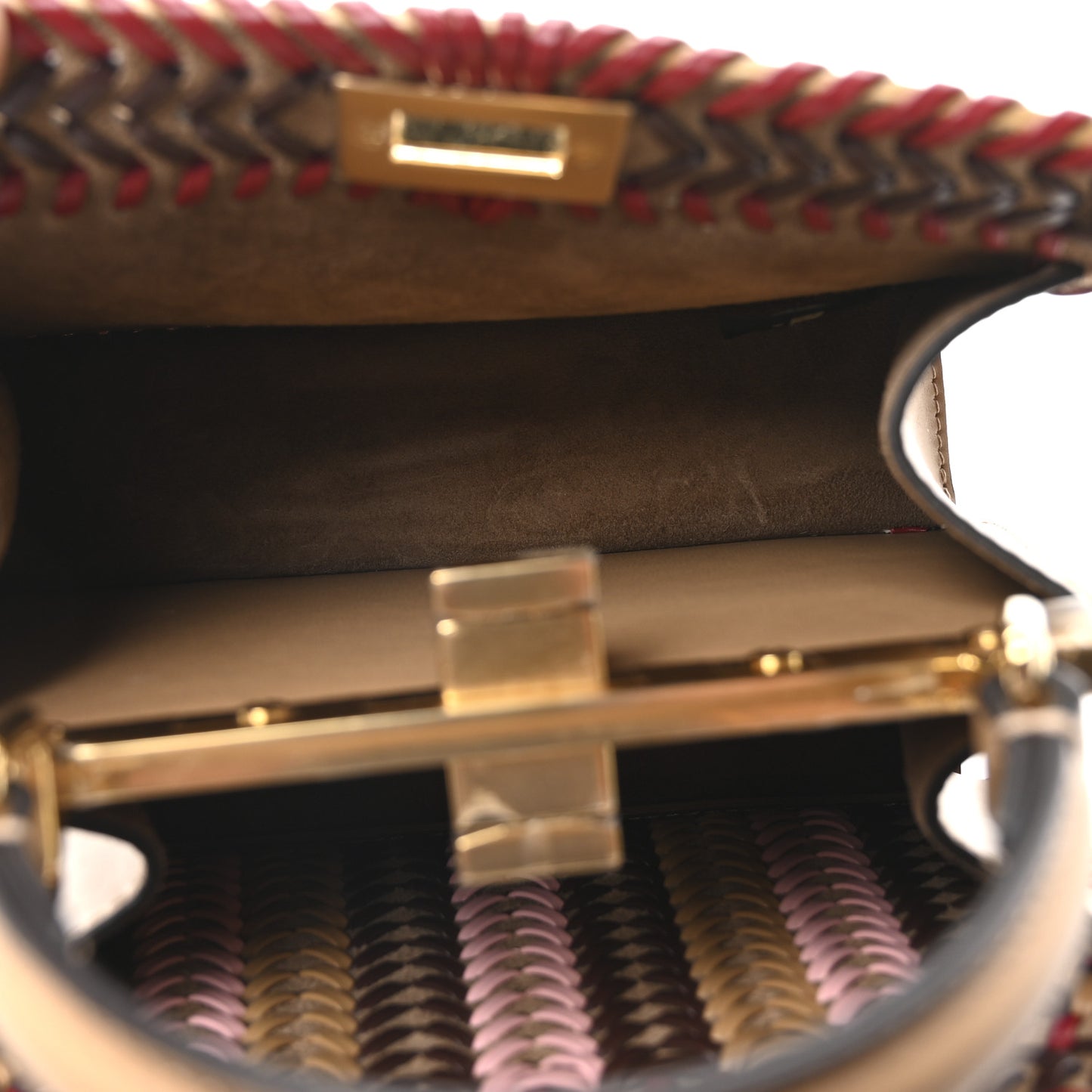 Vitello King Shiny Nappa Intreccio Petite Peekaboo I SEE U Satchel Miel Mogano Rosa Fragola
