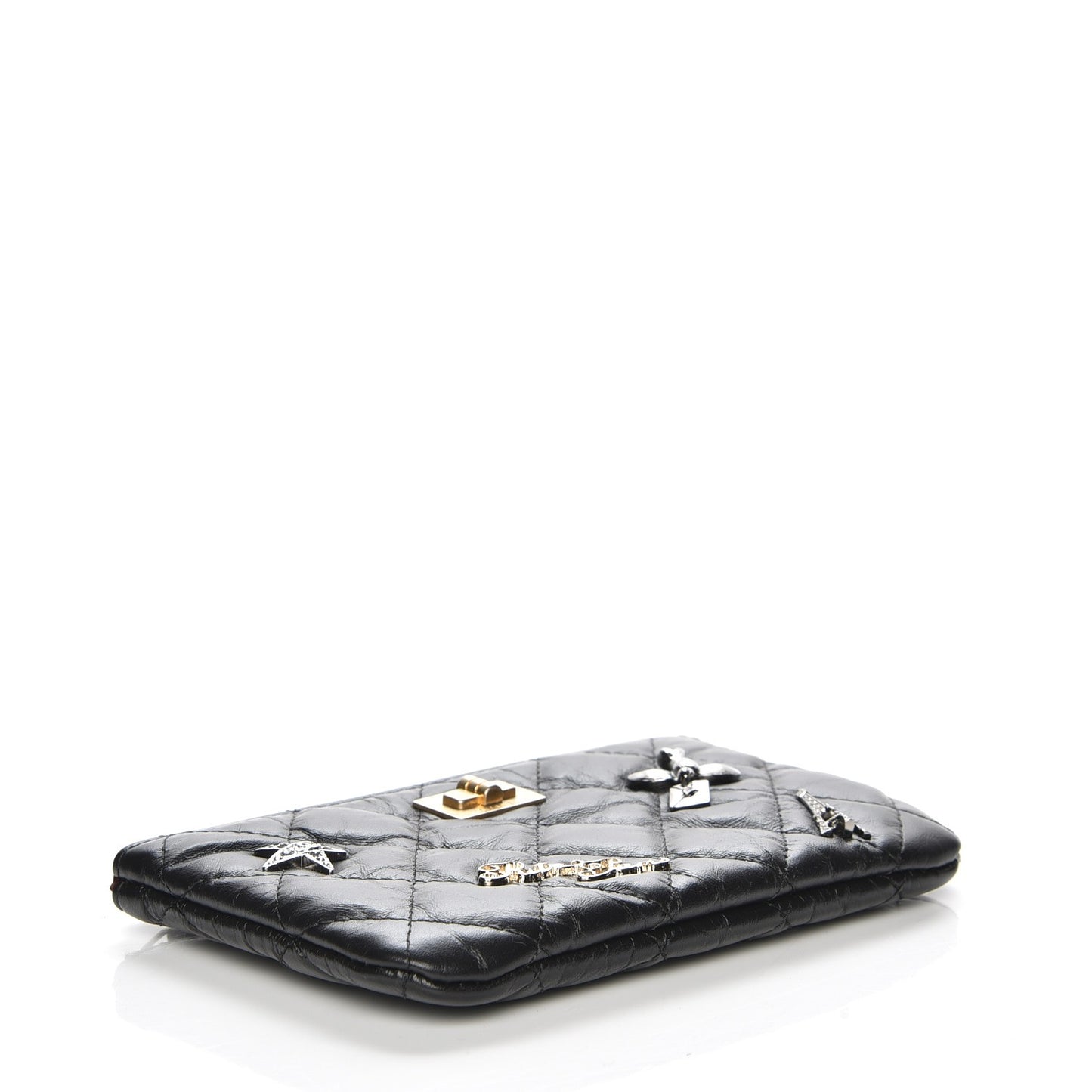 Aged Calfskin Quilted Small Lucky Charms Cosmetic Case Black