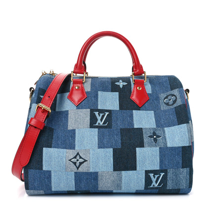 Louis Vuitton Denim Damier Monogram Patchwork Speedy Bandouliere 30 Blue Rouge 1 of 9