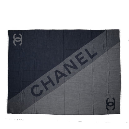 Chanel Cashmere CC Logo Stole Navy Grey 1 of 4