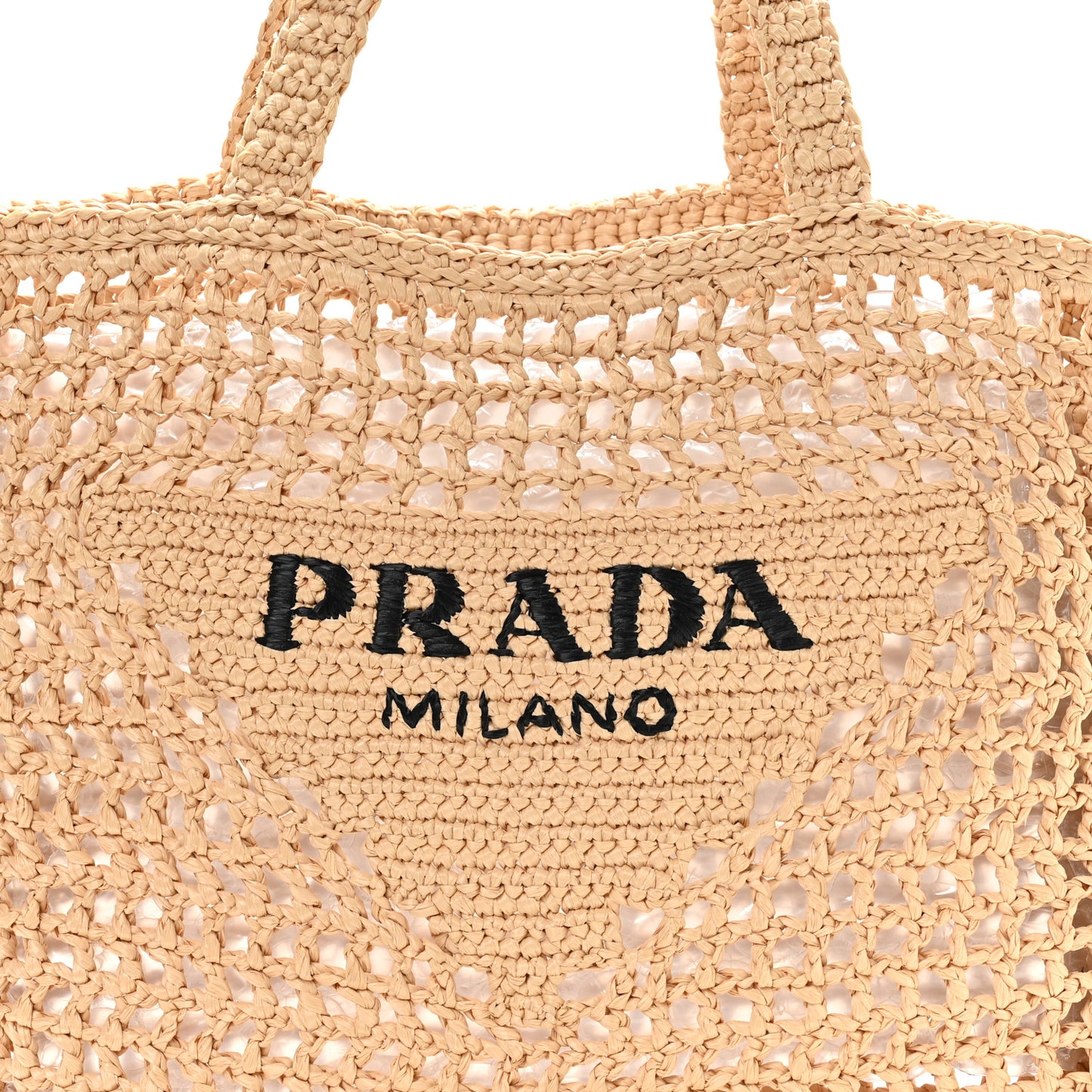 Yarn Raffia Effect Crochet Logo Embroidered Tote Bag Naturale