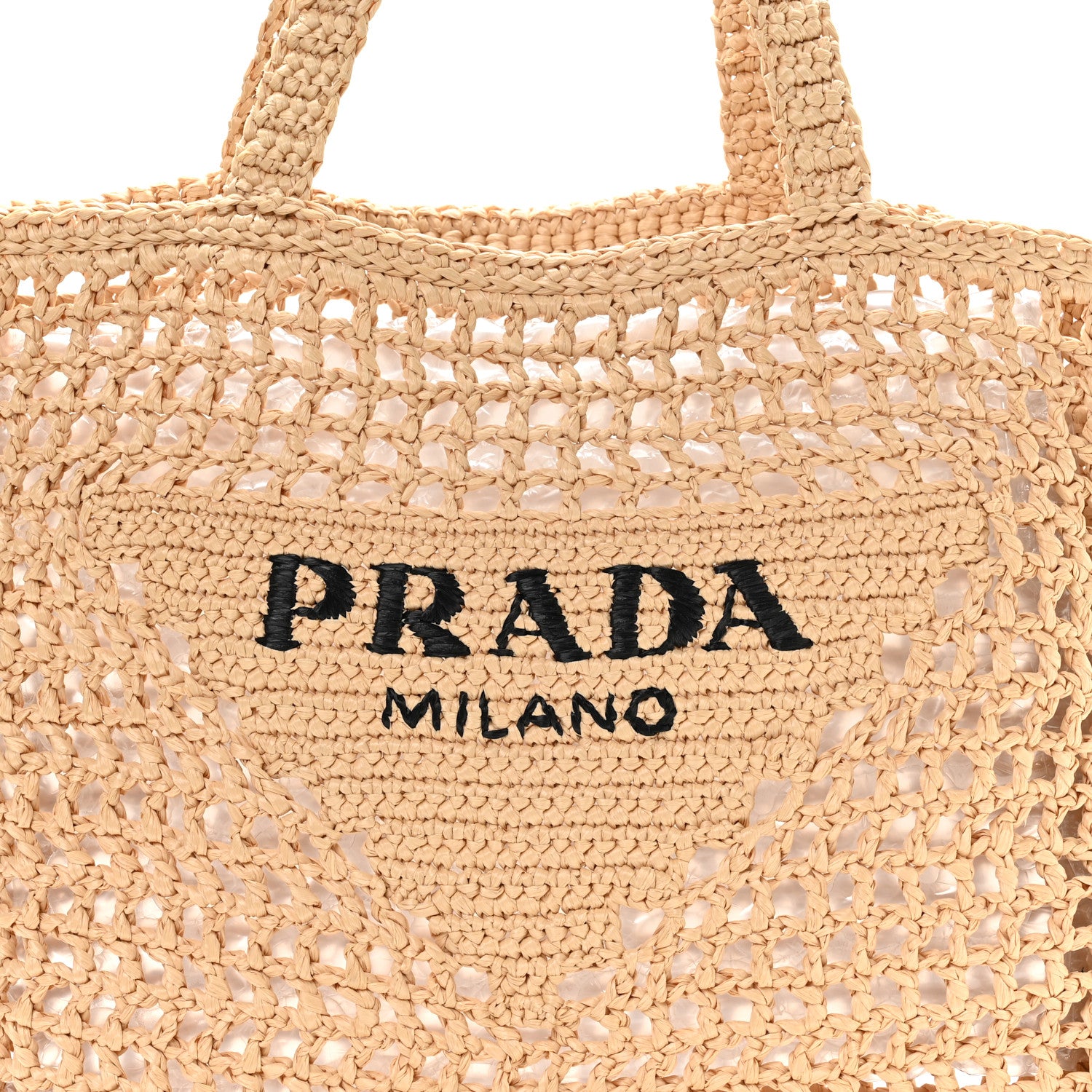 Prada Yarn Raffia Effect Crochet Logo Embroidered Tote Bag Naturale 7 of 9
