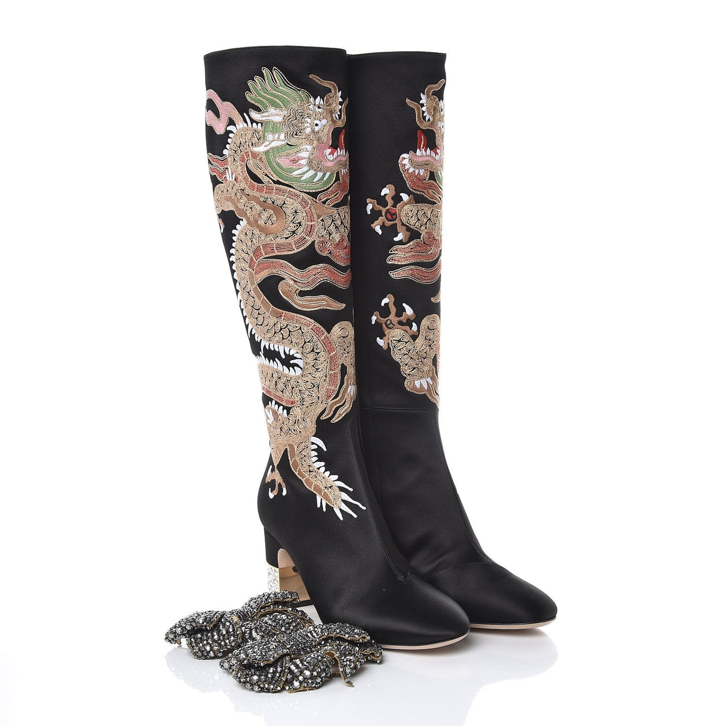 Silk Satin Malaga Kid Embroidered Candy Dragon Block-Heel Knee Boot 37.5 Black