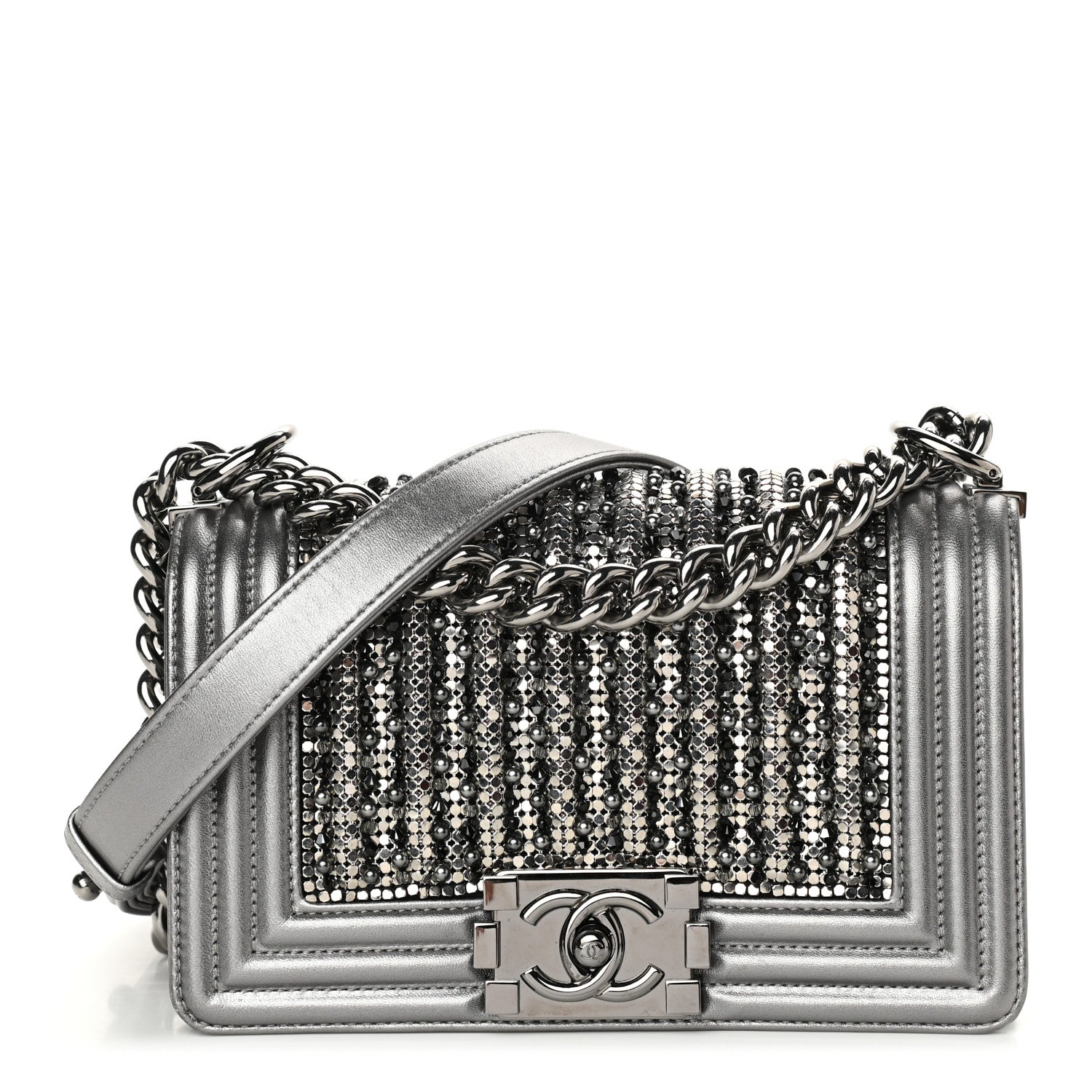 Chanel Metallic Lambskin Glass Pearl Embroidered Small Boy Flap Silver 1 of 11