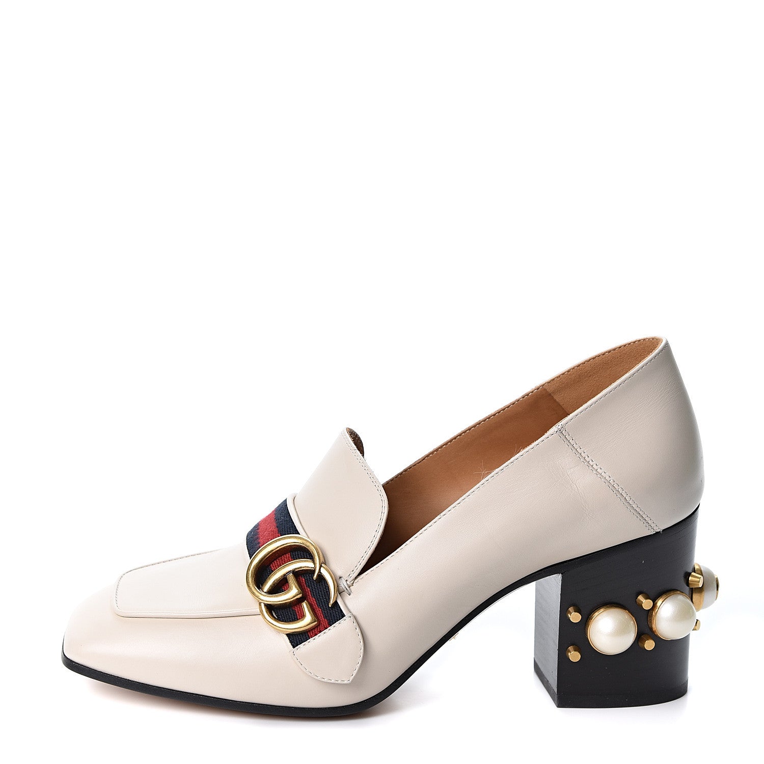 Gucci Betis Glamour Calfskin Web Pearl Embellished Peyton 75mm Loafer Pumps 39 Mystic White 1 of 10