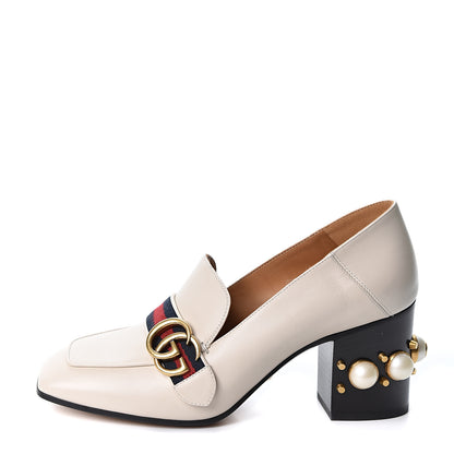 Gucci Betis Glamour Calfskin Web Pearl Embellished Peyton 75mm Loafer Pumps 39 Mystic White 1 of 10