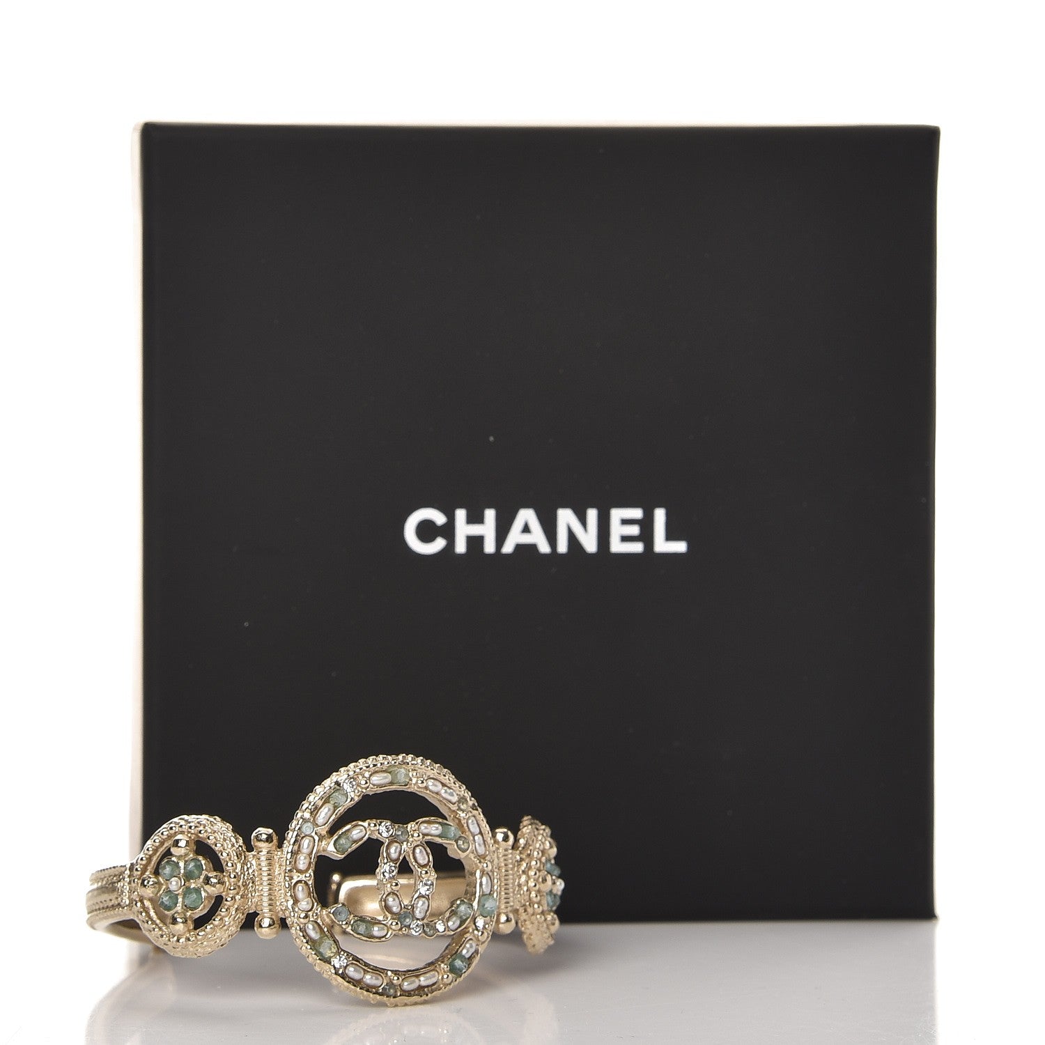 Chanel Metal Pearl Strass CC Bangle Gold Blue Pearly White 4 of 5