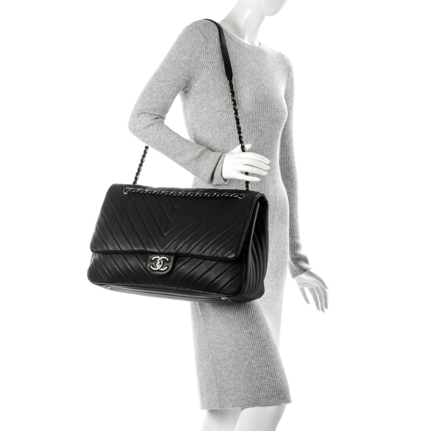 Chanel Calfskin Chevron Quilted XXL Travel Flap Bag Black 3 of 8