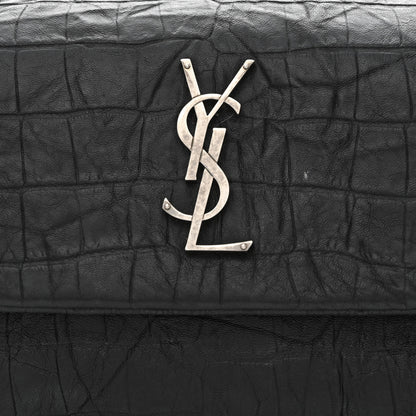 Saint Laurent Calfskin Crocodile Embossed Medium West Hollywood Monogram Fold-Over Black 8 of 12