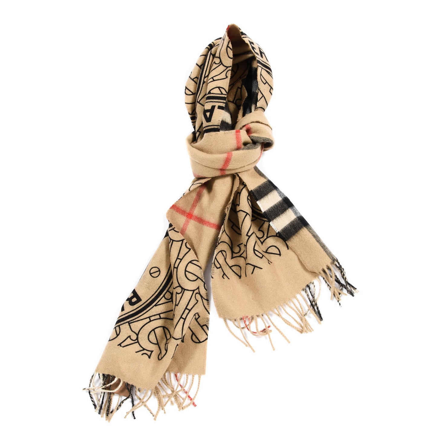 Cashmere Giant Check Monogram Reversible Fringe Scarf Archive Beige