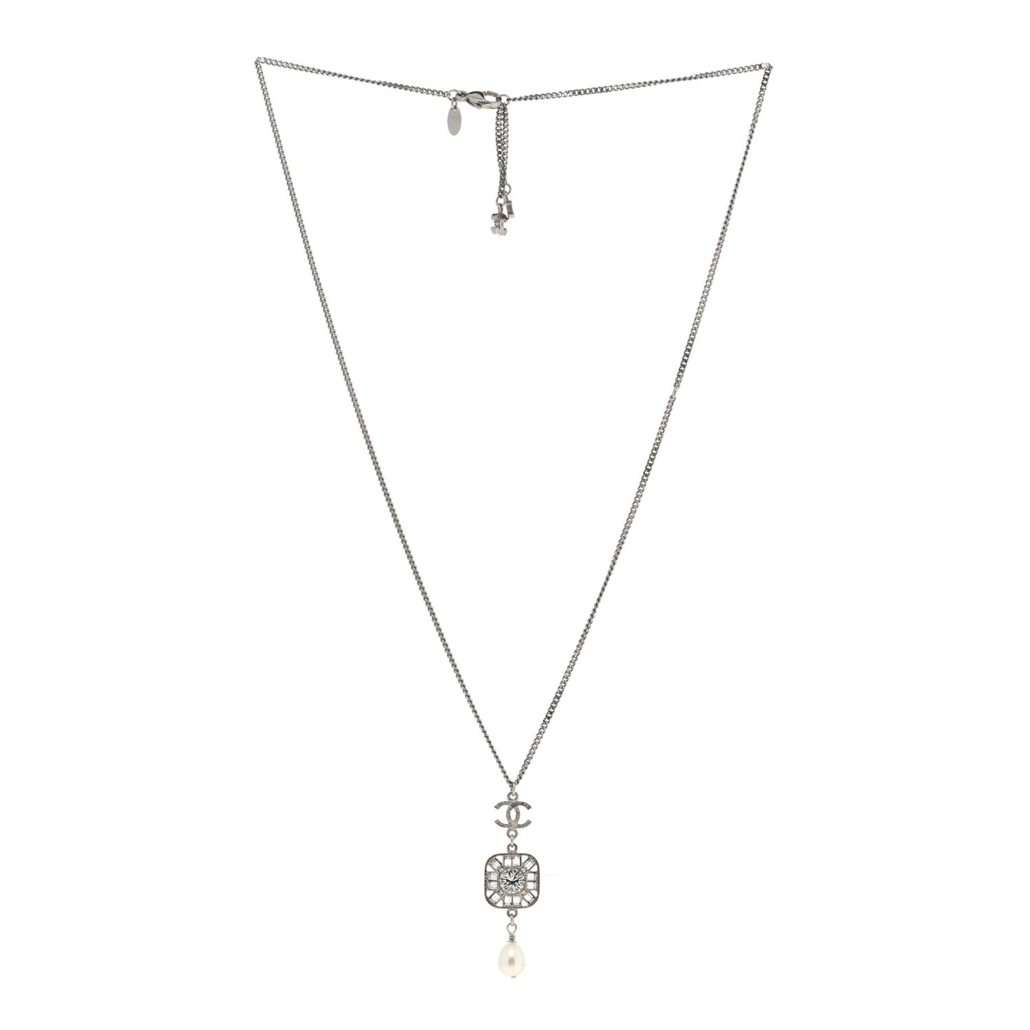 Baguette Crystal Pearl CC Pendant Necklace Silver