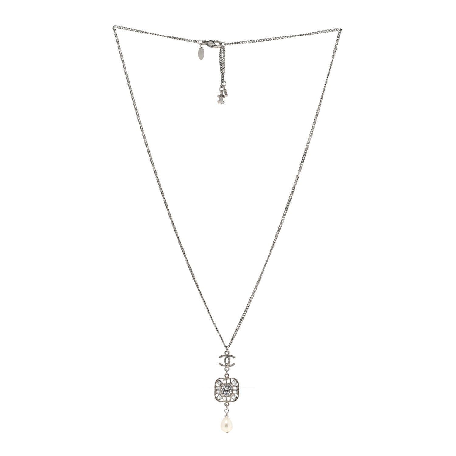 Chanel Baguette Crystal Pearl CC Pendant Necklace Silver 3 of 8