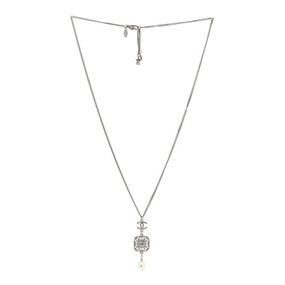 Chanel Baguette Crystal Pearl CC Pendant Necklace Silver 3 of 8