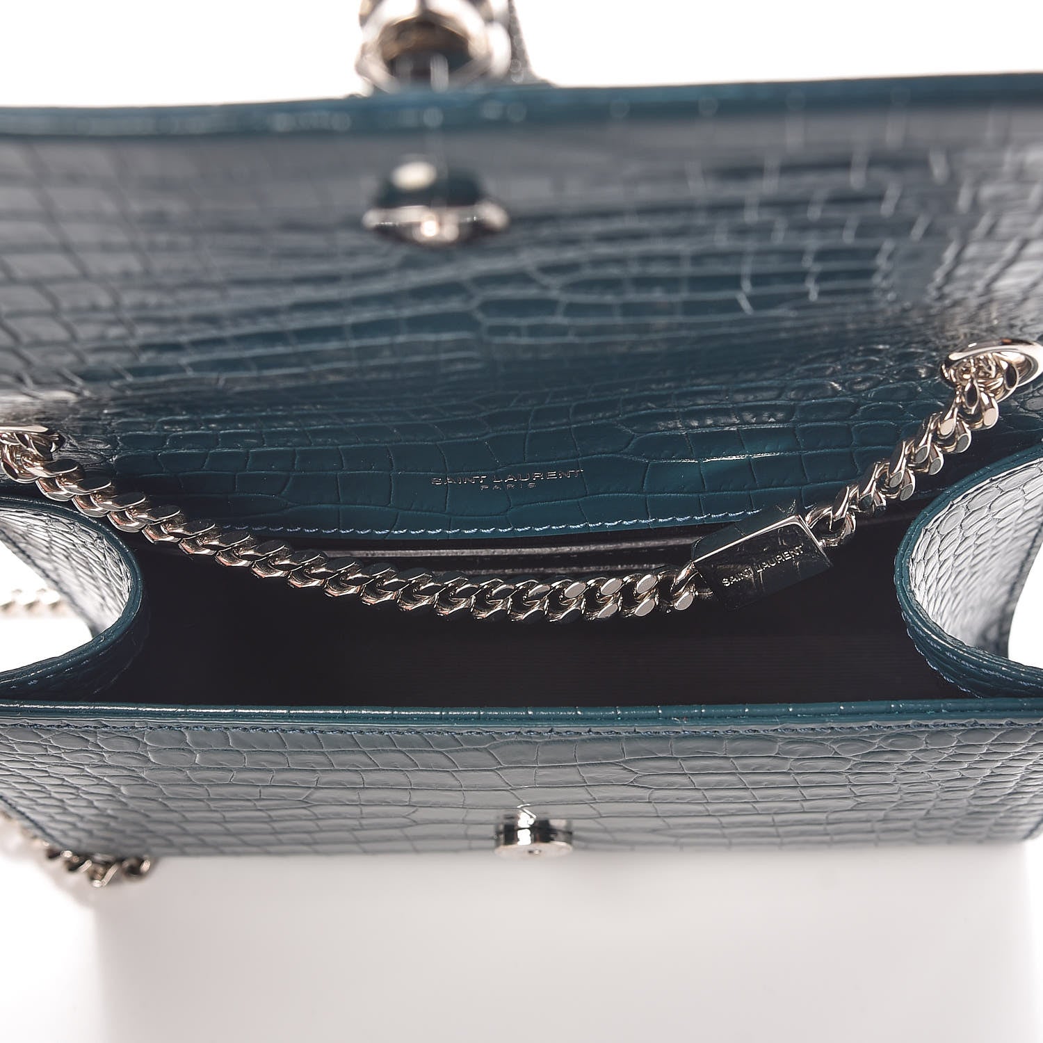 Saint Laurent Calfskin Crocodile Embossed Small Classic Monogram Kate Tassel Satchel Dark Green 5 of 7