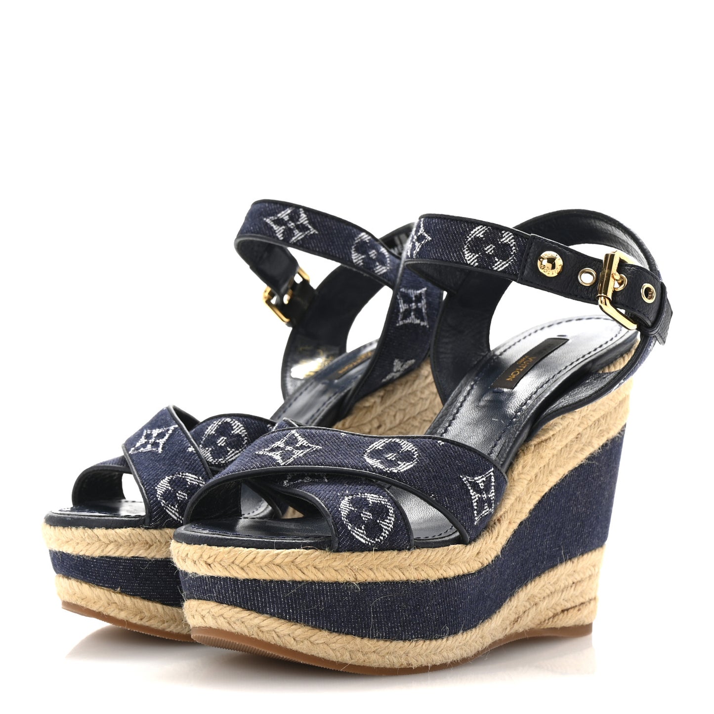 Monogram Denim Formentera Wedge Pumps 37 Grand Blue