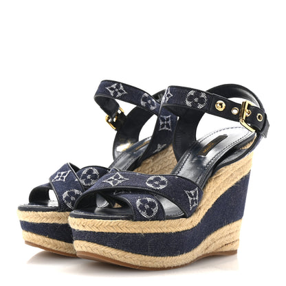 Louis Vuitton Monogram Denim Formentera Wedge Pumps 37 Grand Blue 4 of 12