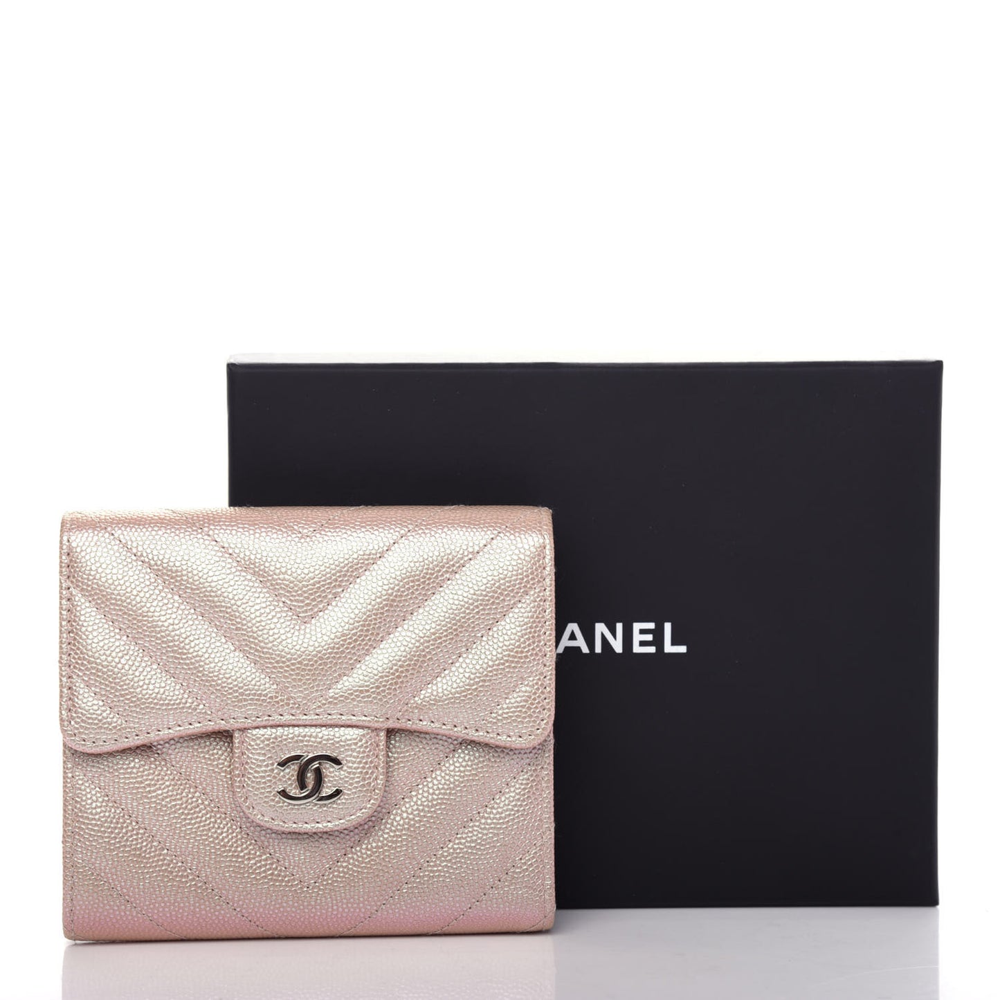 Metallic Caviar Chevron Quilted Compact Flap Wallet Light Gold