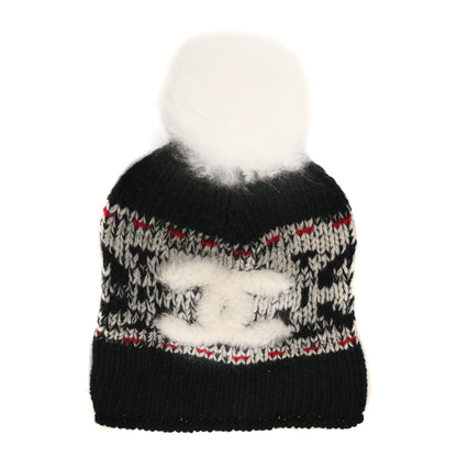 Chanel Wool Shearling CC Beanie Hat Ivory Black Red 1 of 3