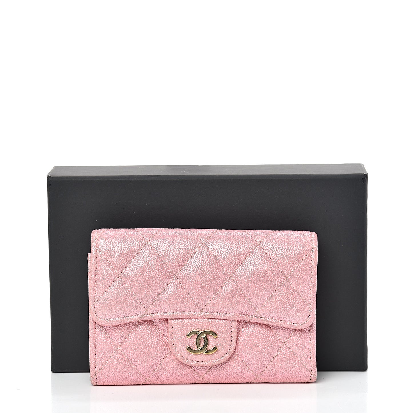 Iridescent Caviar Quilted Flap Card Holder Rose Pink