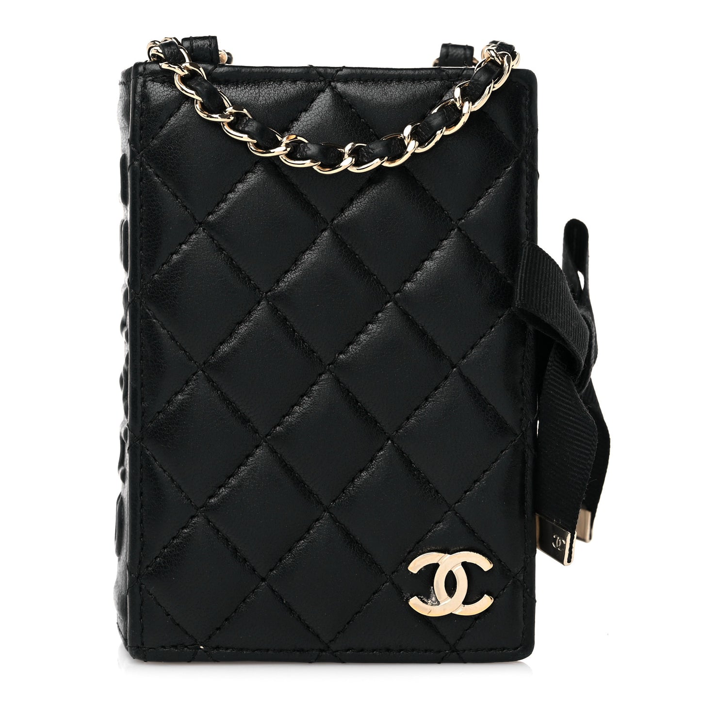 Lambskin Quilted Book Card Holder on Chain Black