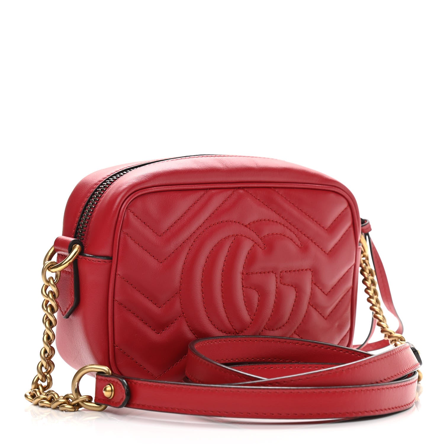 Gucci Calfskin Matelasse Mini GG Marmont Chain Shoulder Bag Hibiscus Red 3 of 12
