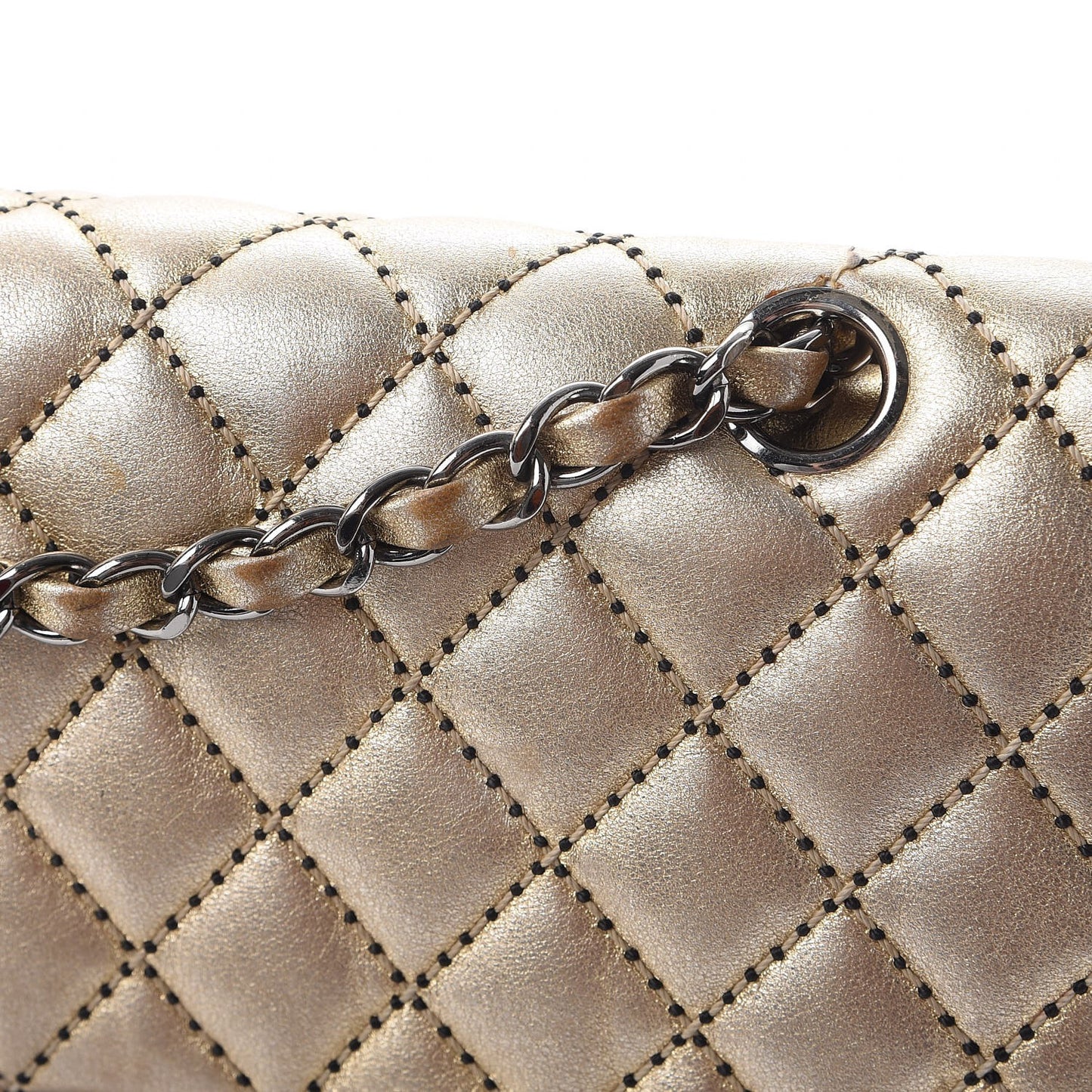 Metallic Lambskin Quilted Stitch Medium Double Flap Light Gold