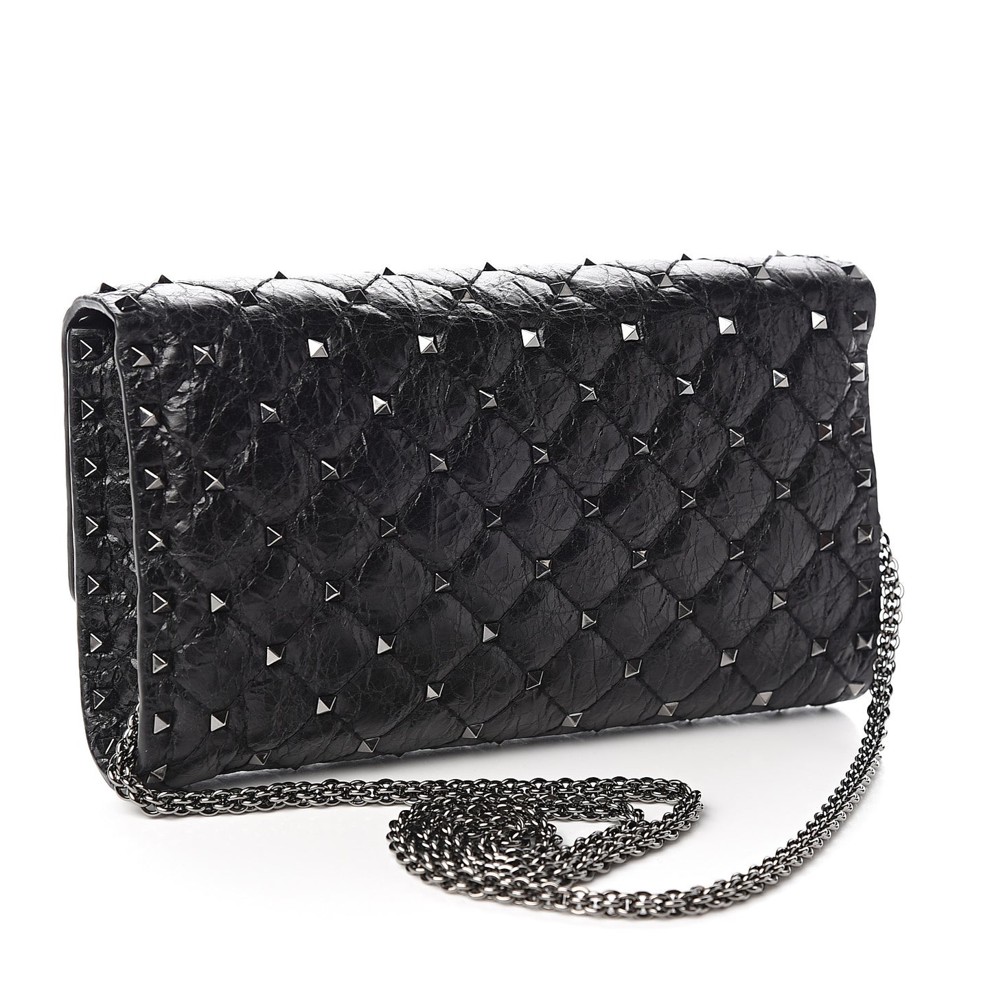 Craquele Nappa Rockstud Spike Wallet on Chain Black