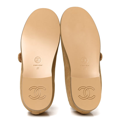 Chanel Suede Calfskin Cap Toe CC Mary Jane Flats 38 Beige 6 of 8