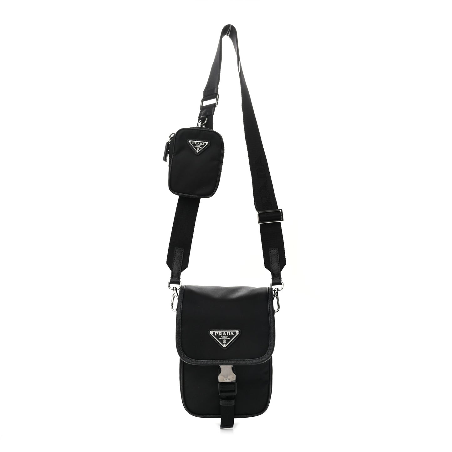 Re-Nylon Saffiano Mini Pocket Single Snap Buckle Messenger Bag Black