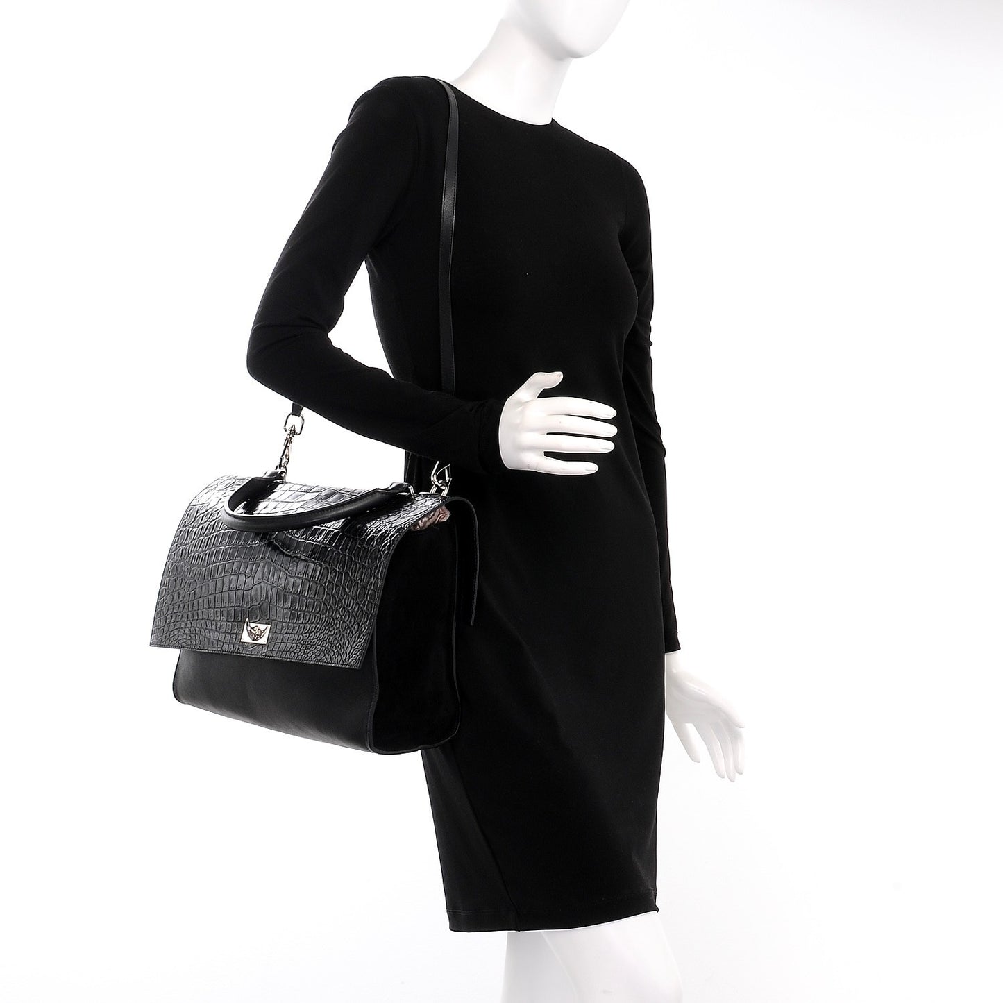 Calfskin Crocodile Embossed Medium Shark Lock Satchel Black